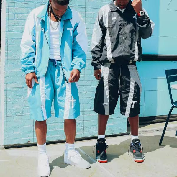 Custom Men's Tracksuit Polyester Windbreaker Jogging Fashion Shorts Set Windbreaker Patchwork Nylon Lightweight Sports Tracksuit