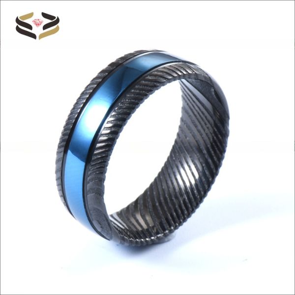 Third Party Appraisal Men Fashion Jewelry 8mm Black Blue Damascus Steel Ring Double Black Grooved Wedding Band with Logo