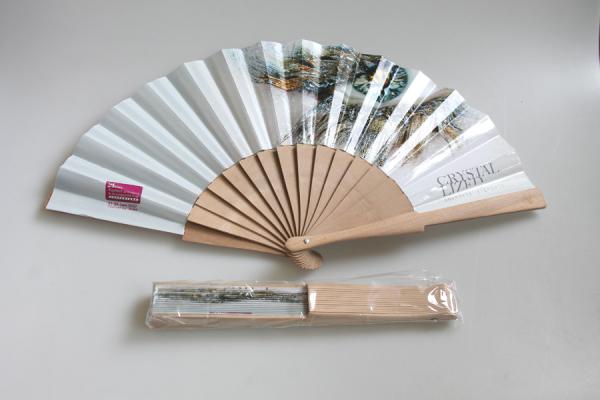 fã de madeira da mão da promoção de 23cm com os reforços e papel de madeira naturais