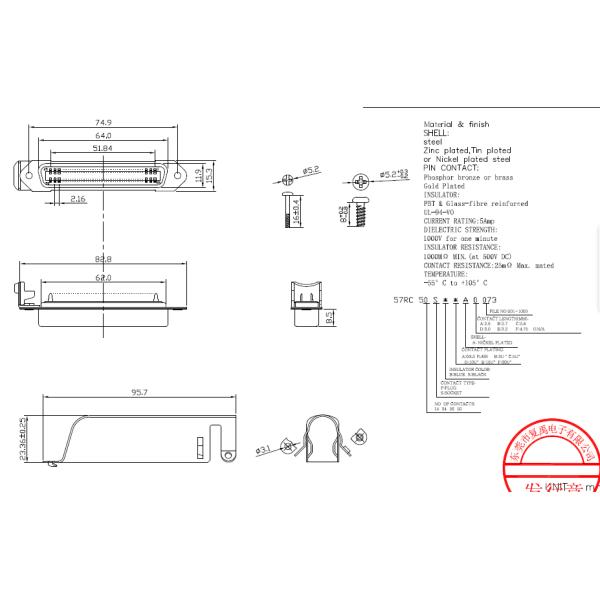 L Shape Metal housing Centronic solder Connector reverserd 50pin Female type