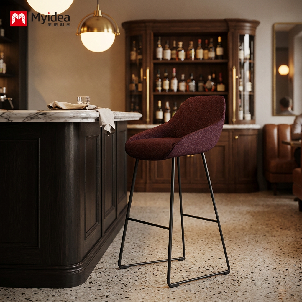 Commercial-Grade Contemporary Fabric Bar Stool with Matte Black Steel Base Eco-Friendly Durable for Office Buildings