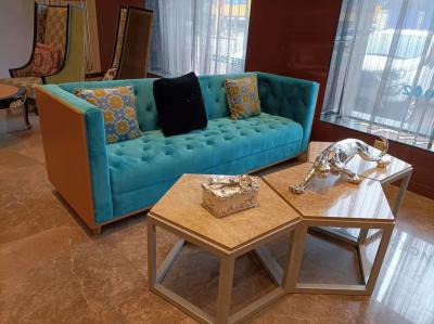 2200*900*800mm Gelaimei Wooden Frame Button Tufted Sofa Blue For Living Room