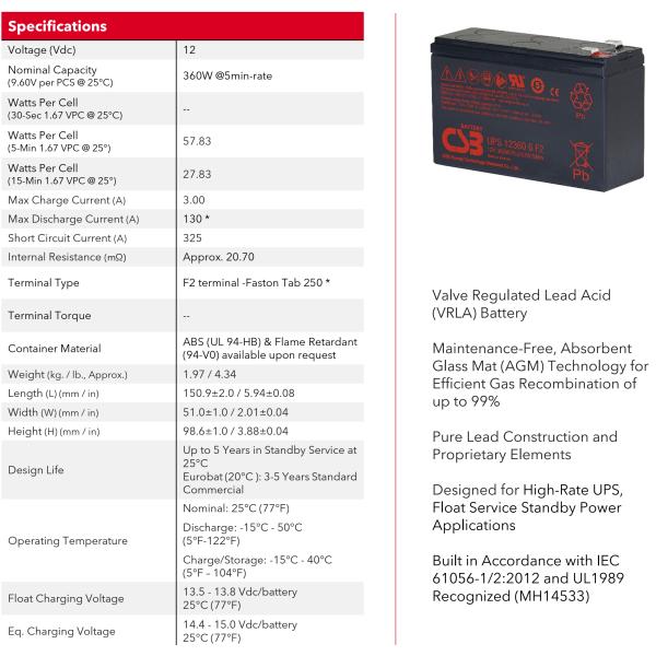 CSB Battery UPS123606 12V 360W Rechargeable Maintenance-Free 7Ah VRLA for UPS Data Center