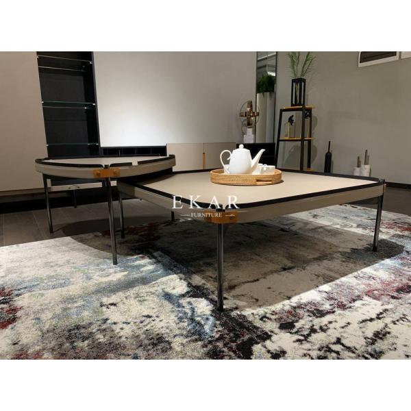 Metal Legs Modern Living Room Wood Leather Coffee Table Set