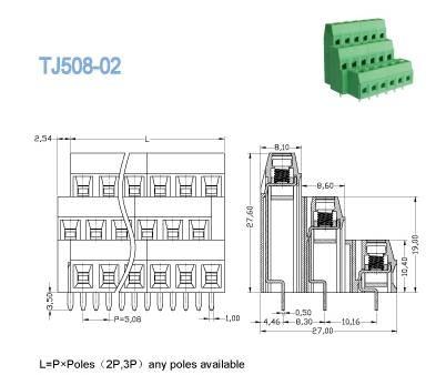 3階層PCBスクリューターミナルブロック ユーロタイプ ライジングシリーズ5.08mm ピッチブラス