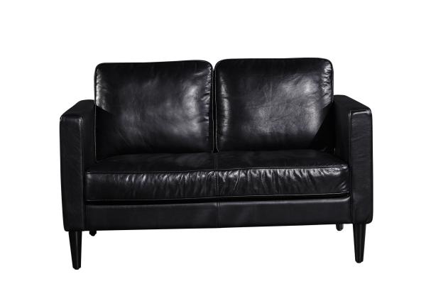 Square Shape 2 Seater Black Leather Couch Iron Painted Legs High - Elastic Sponge