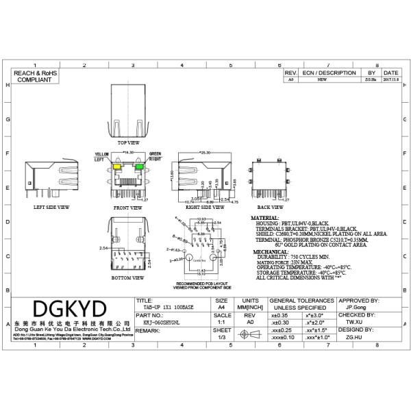 Single Port Tab Up 100 BASE Magnetic RJ45 Jack Module With LEDS