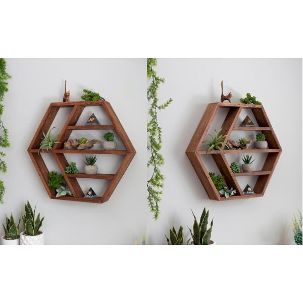 Home Decoration Solid Wood Hexagon Wall Mounted Floating Shelf Wooden Storage Shelves