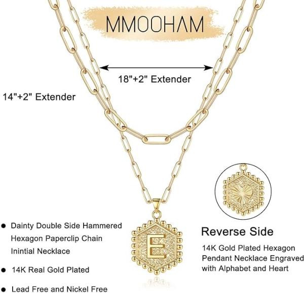 Dainty 18K Gold Hexagon Initial Necklace Cute Layering Necklaces for Women Solid Gold Layered Jewelry Gifts