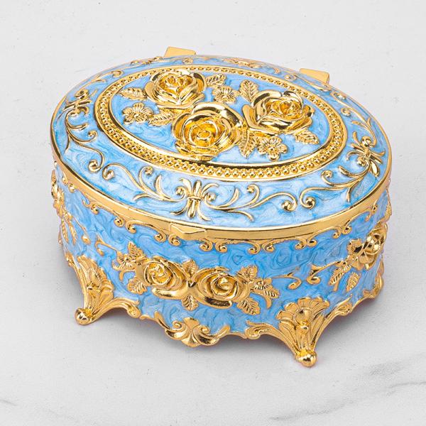 Gold Sky Blue Rose Enamel Metal Jewelry Storage Organizer Box With Gold Plating 8.9x5.9cm