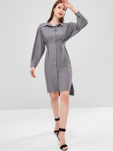 Fall Clothing Womens Midi Double Slit Shirt Dress Long Sleeve