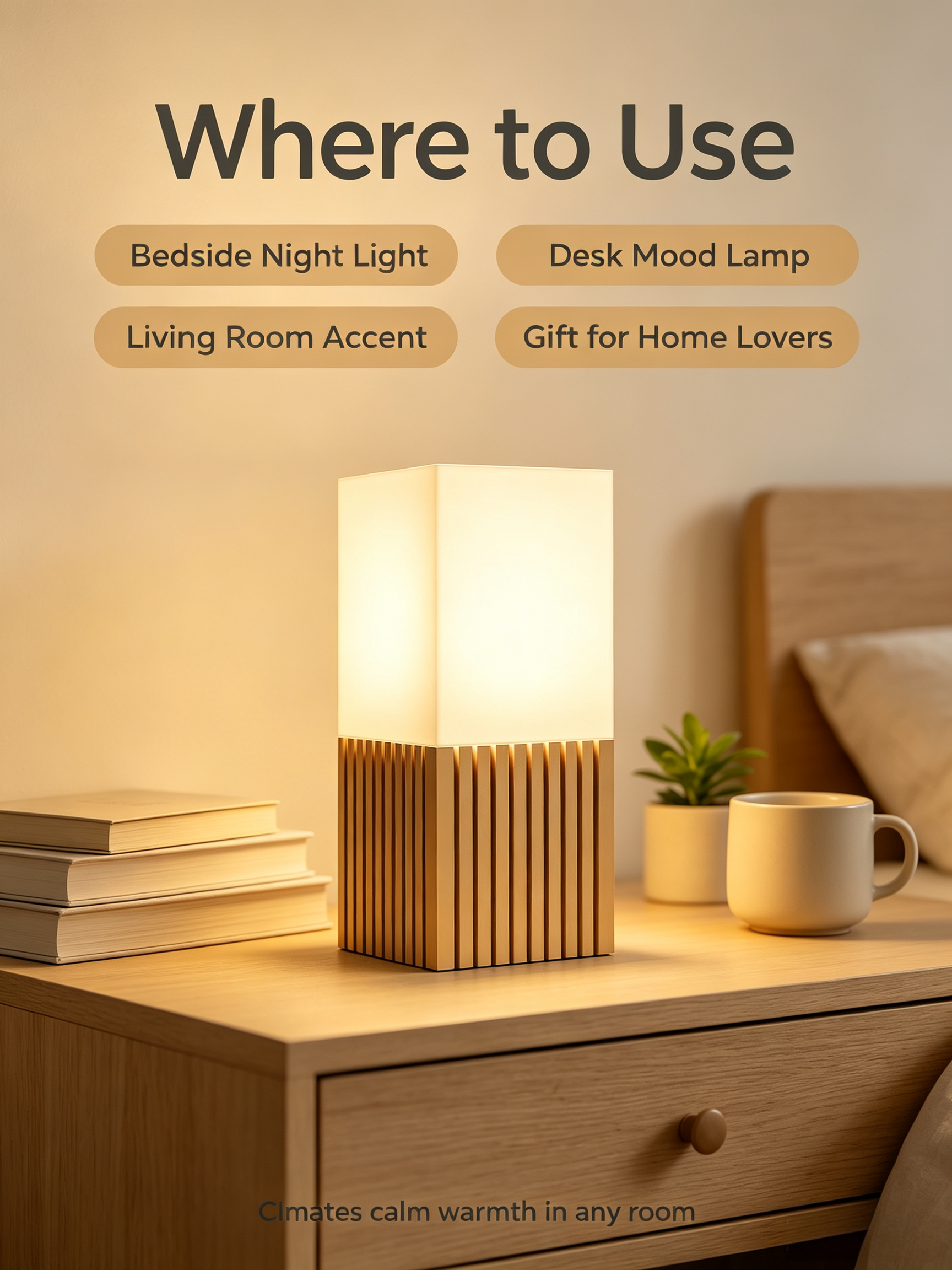 Warm Glow Square‑Shade Minimalist 3D Lighting Fixtures With Wood‑Slat Look For Indoor Home Illumination