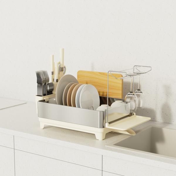 Multifunctional Kitchen Dish Rack Stainless Steel Dish Drainer And Organizer With Cup Holder And Cutlery Holder