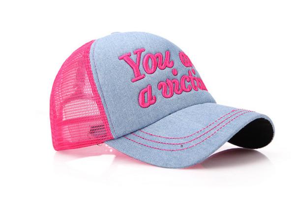 Women Rose Red Denim Ball Cap , Customized 3D Embroidery Jean Baseball Style Hats