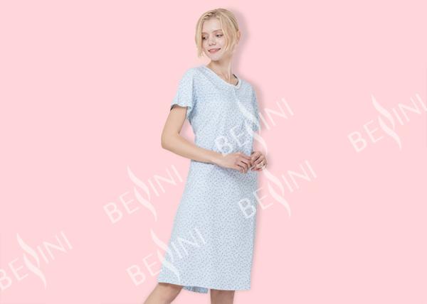 Quick Dry Ladies Night Dresses Sleepwear Blue Printed With Violet Small Flower