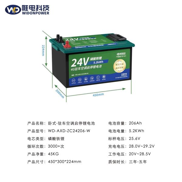 24V LiFePO4 Battery 5.2kWh for 4G Parking Air Conditioner System | High Safety Start-Stop Lithium Battery for Trucks | WD-AXD-ZC24206-W