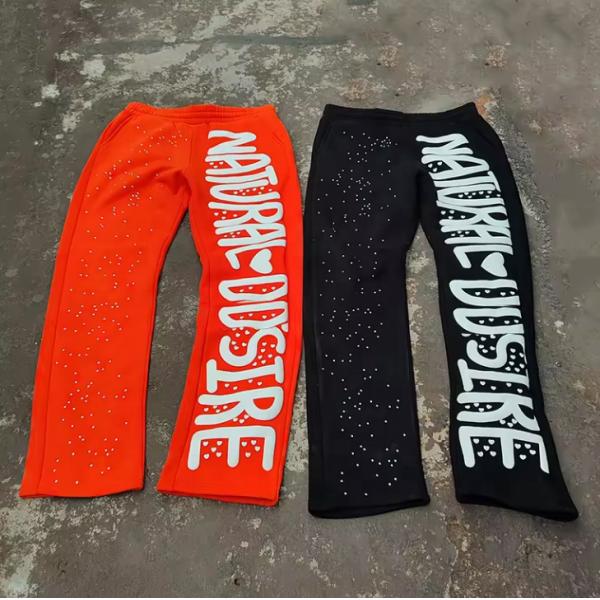 Custom Rhinestone Puff Print Sweat Pants Joggers Vintage Acid Wash Flared Sweatpants Men