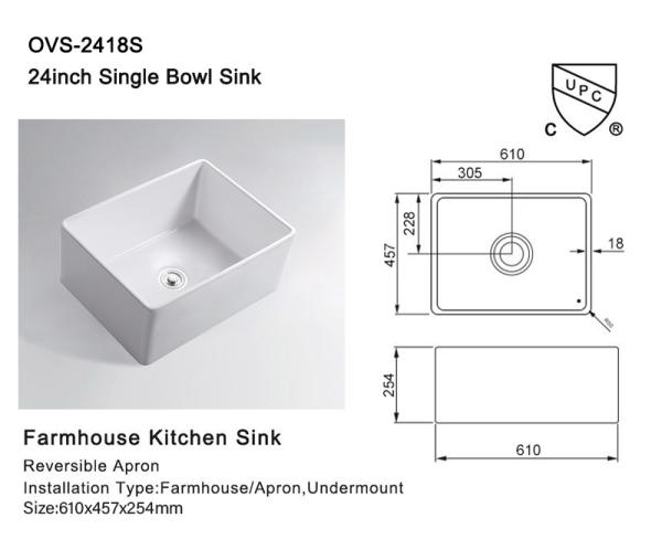 24 In Undermount Single-Bowl Farmhouse Kitchen Sink With Tall Apron White Porcelain