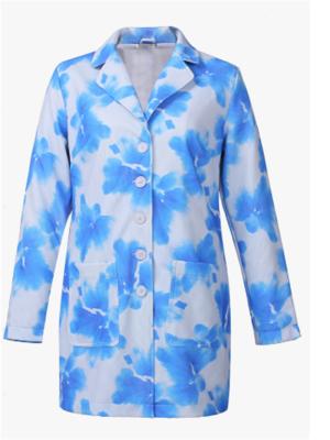 Fitted Female Formal Blazer Blue Printed With Lapel Collar And Buttons