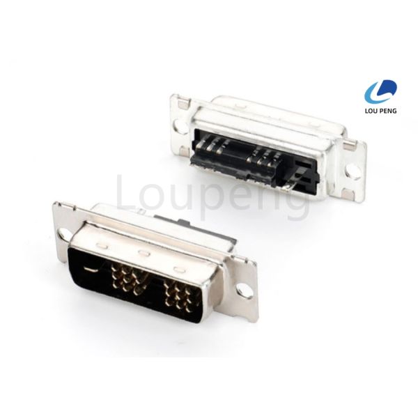 DVI 18+1pin male connector, solder type, half-gold, black, riveted.