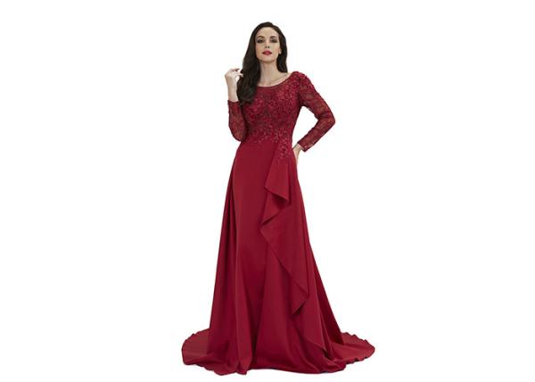 Women Clothes O Neck China Red Long Sleeve Evening Gowns / Applique Maxi Dress