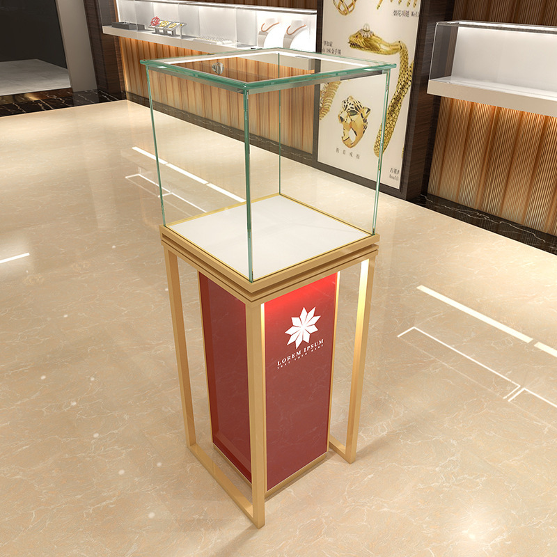 Luxury Vertical Jewellery Display Cabinet Illuminated Side Panel Glass Display Pedestal for High-End Diamond Ring Necklace Store