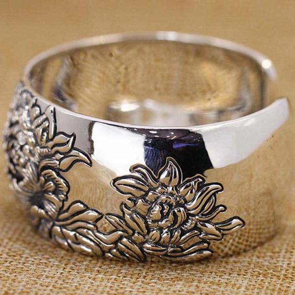 Retro Vintage 925 Sterling Silver Wide Cuff Bracelet Engraved Flower (XH042025)