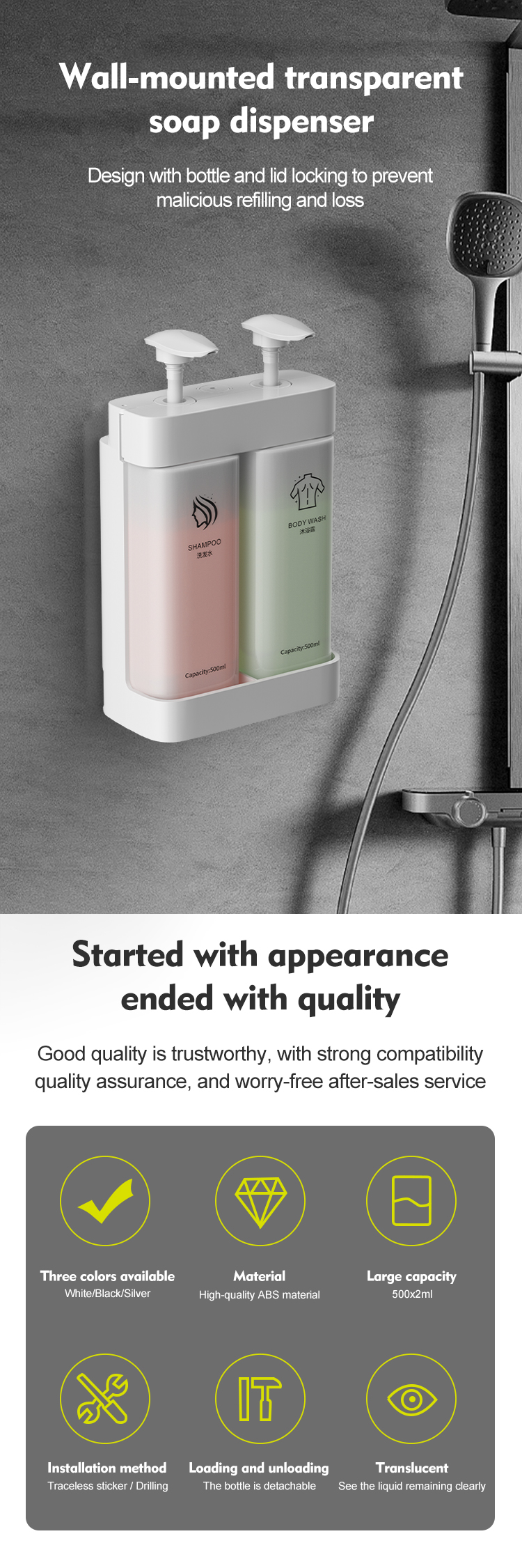 Customizable Tamper Proof Double to Triple Wall Mounted Soap Dispenser with ABS Material for Liquid Soap