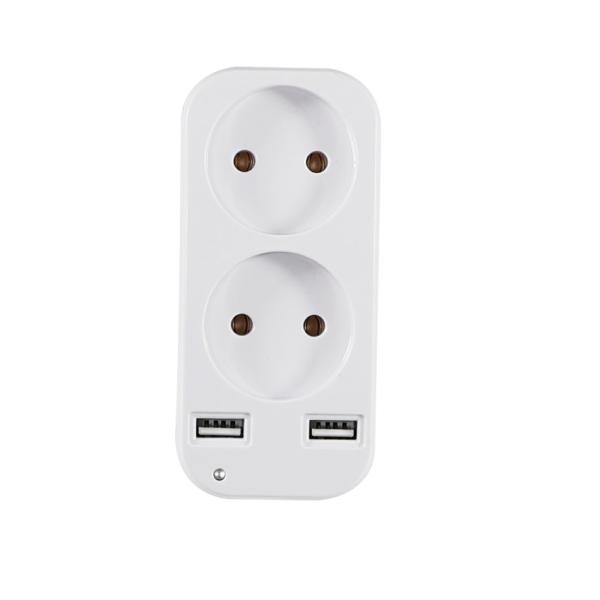 EU Dual Socket Wall Plug Adapter with 2 USB Ports 250V 10A