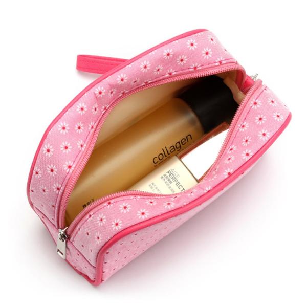 Female Custom Cosmetic Bags , Floral Cotton Double Zipper Makeup Pouch For Purse