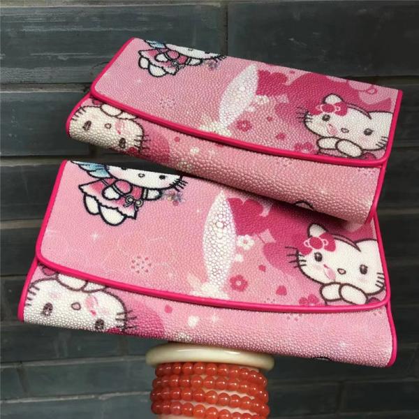 Cute Authentic Stingray Skin Lady Long Kitty Cat Trifold Wallet Genuine Leather Female Clutch Card Bag Women Coin Purse