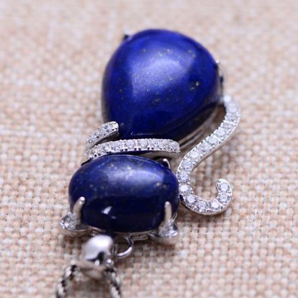 Sterling Silver Lapis Lazuli Cat  Shape Women Pendant Necklace (048817W)