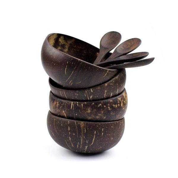 Customized Coconut Bowl with Flower Pattern Shell and Wooden Spoon Set Customized Box