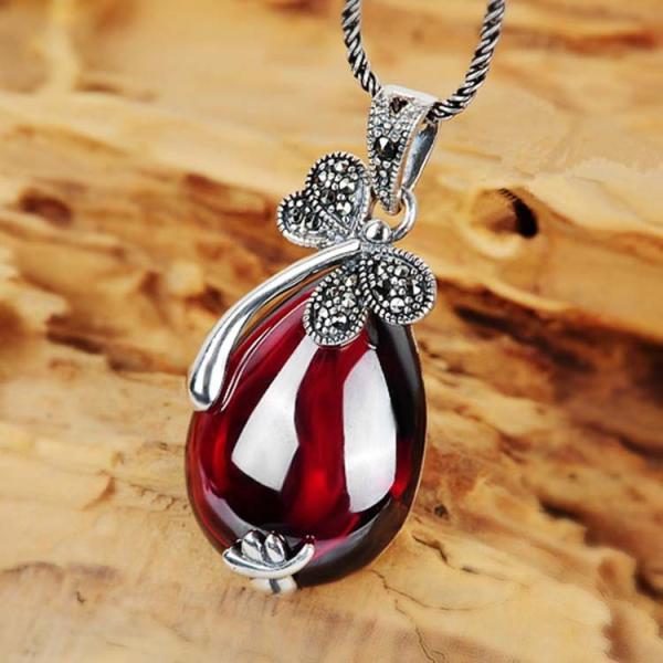 Thail Silver Garnet and Marcasite Pendant Retro Necklace(N11064RED)