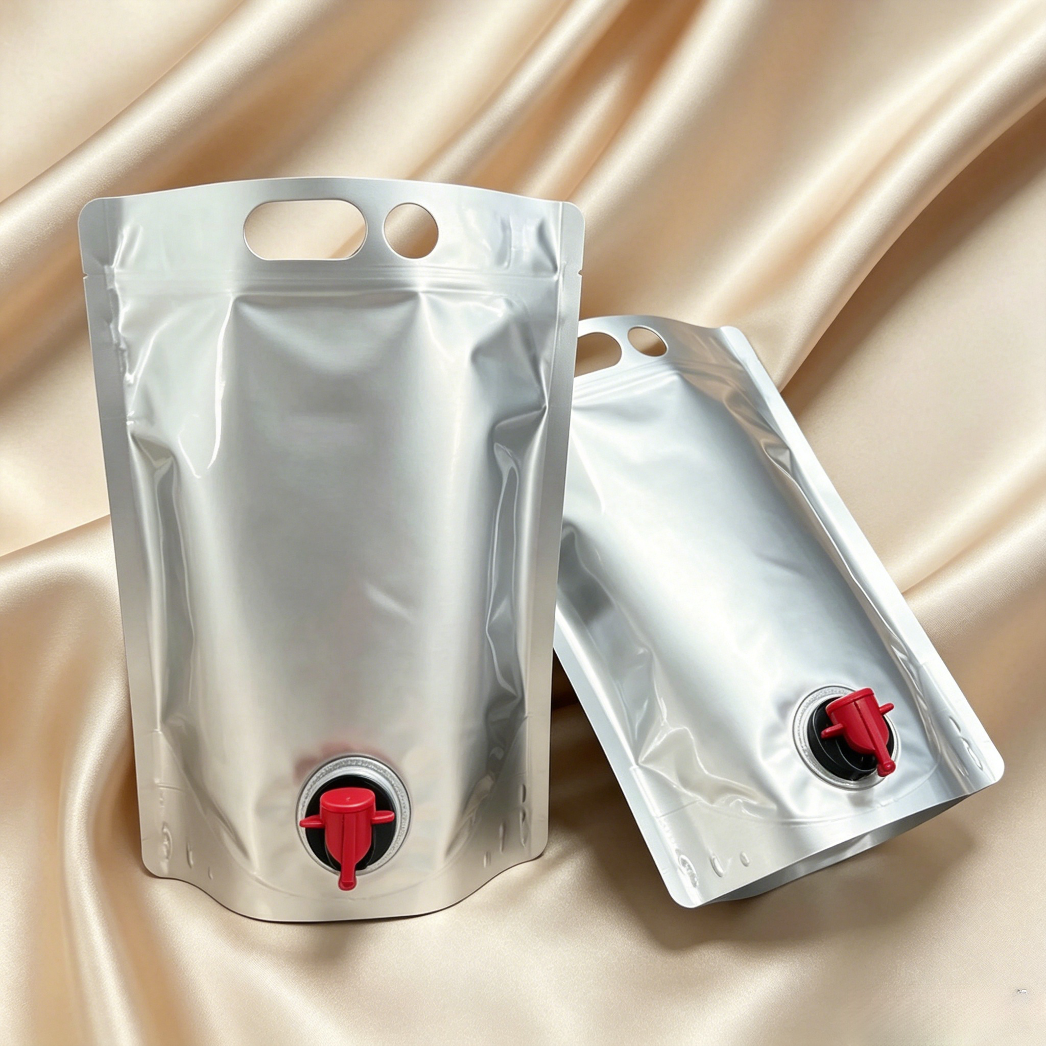 Blank Silver Aluminum Foil Stand Up Tap Spout Pouch With Double Carry Holes | Leak-Proof Re-Sealable Dispenser Bag For Wine, Juice & Cold Brew Coffee