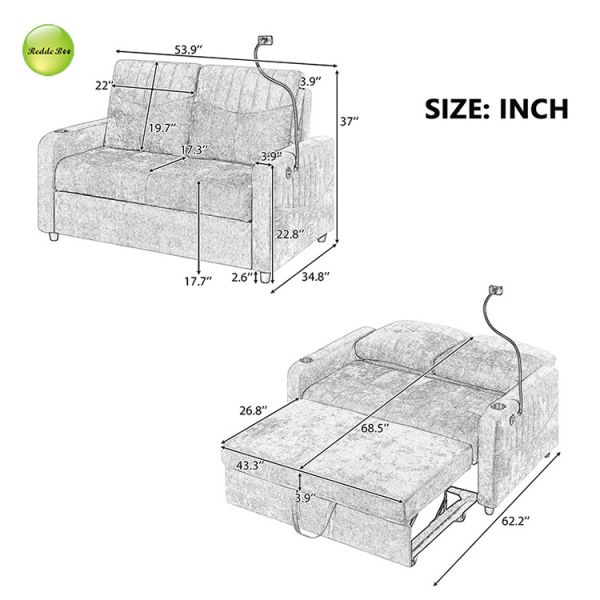 Modern Soft Chenille Fabric Convertible Sofa Bed with USB Port & Cup Holder & Phone Stand 2 Seater Sofa Pull Out Sleeping Sofa Bed