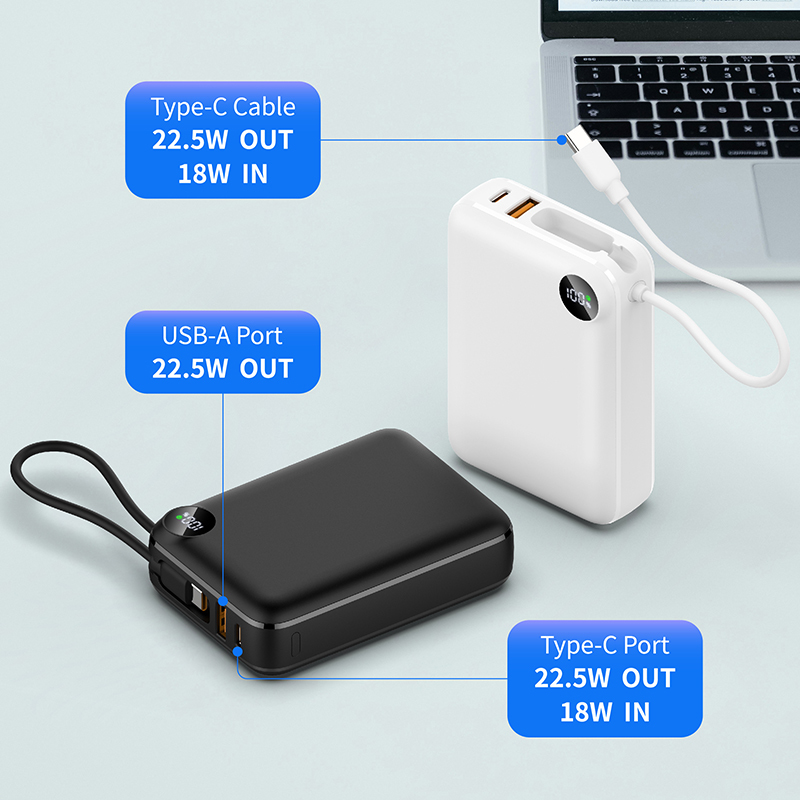 20000mAh Compact Fast Charging Power Bank with Built‑in Type‑C Cable, PD 20W Max 22.5W Output, LED Power Display, CE RoHS FCC Certified Portable Charger