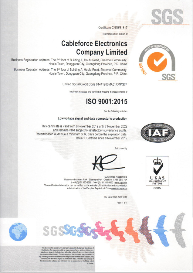 Dongguan Cableforce Electronics Co., Ltd Сертификации