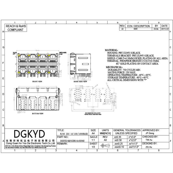 Интерфейс DGKYD гигабита 2X4 соединителя гнезда 10P8C Мульти-порта DGKYD24Q042DH14A4D068 модульный со светлым экраном прокладки
