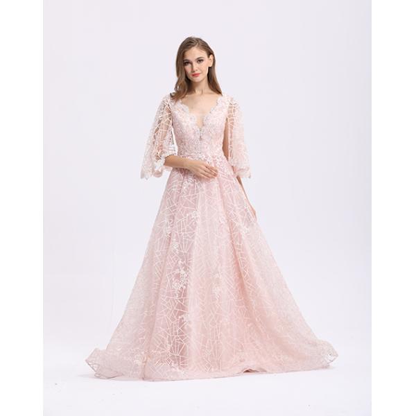 Pink Elegant A - Line Half Sleeve Evening Dresses With Detachable Train
