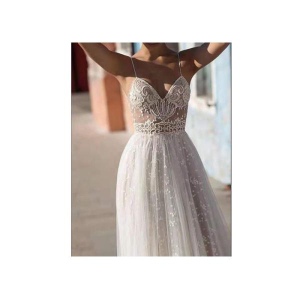 Off White Sling High Slit Lace A Line Bridal Gowns With Many Beads
