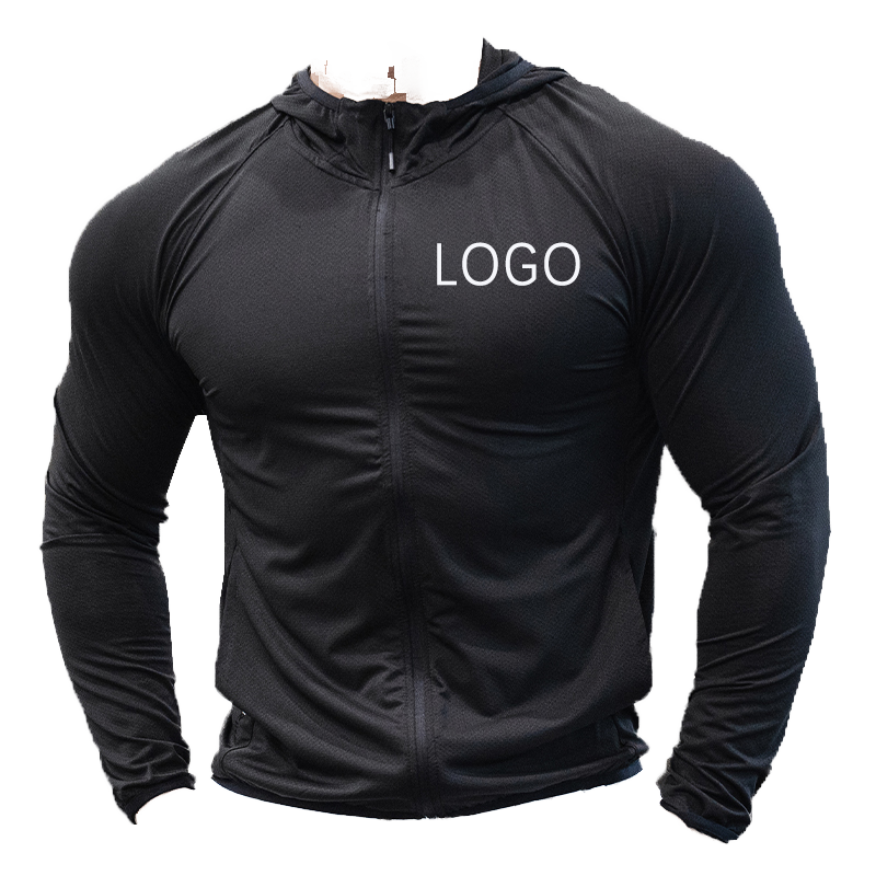 2026Hot Men's Hooded Full Zip-Up Gym Sports Jacket Breathable Light Track Workout Jacket with Plain Dyed Style