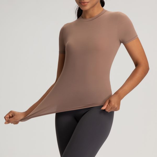 Ultra Soft Stretch Short Sleeve Women Activewear Tops Brown Moisture Wicking
