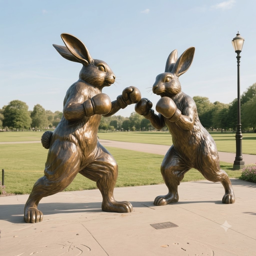 Life-Size Bronze Boxing Hares Statue