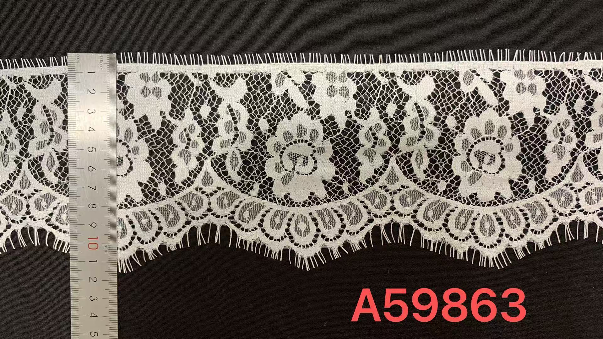 Pure Nylon Eyelash Lace Trim with Hollow Floral Pattern and Eyelash Fringe Edge for Garment Decoration