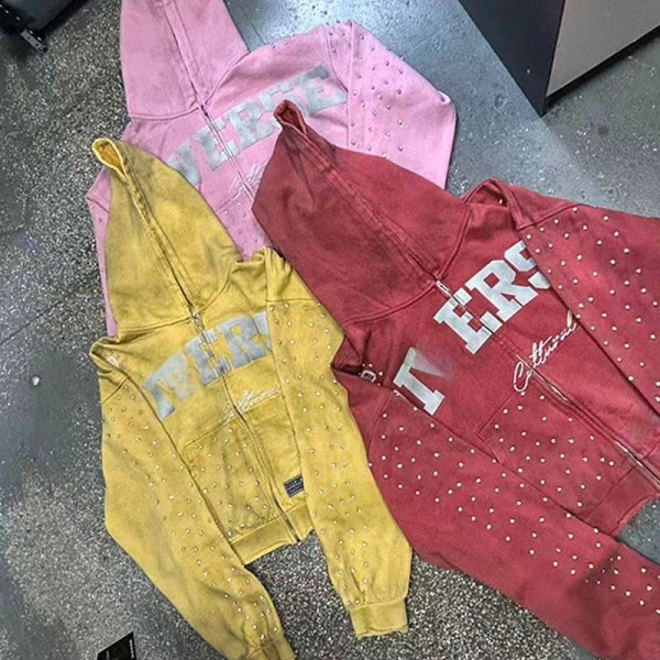Custom Oversized Printing Rhinestone Zipper Hoodie Loose Boxy Fit