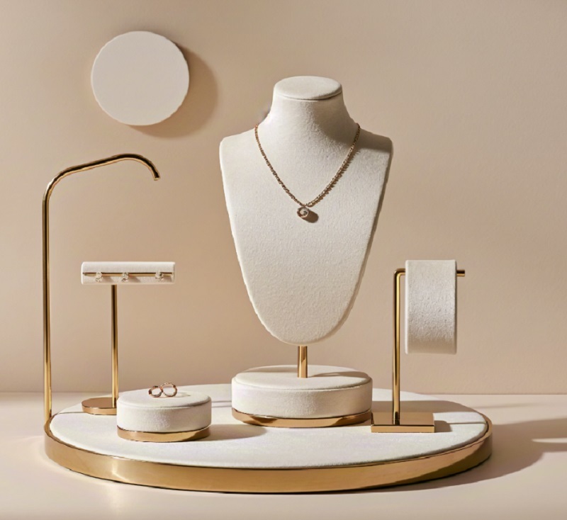 Elegant Gold Metal Frame Jewelry Display Set with Premium Beige Velvet Lining for Multi-functional Luxury Retail Showcase