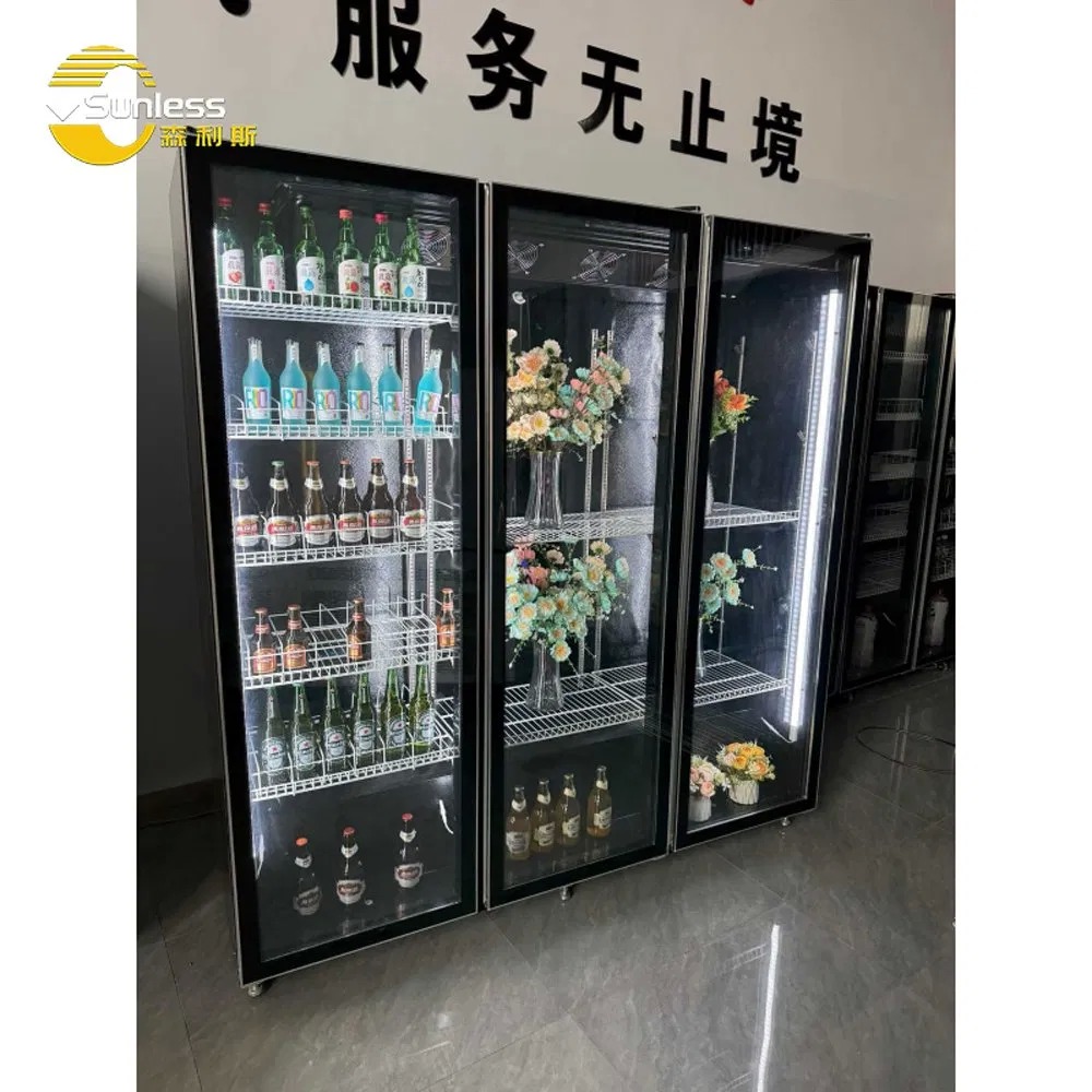 Commercial Double Door Refrigerator Beer Beverage Glass Upright Refrigerated Display Showcase