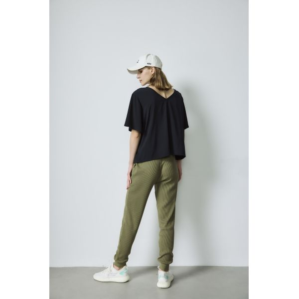 Black Casual Short Sleeve Shirts Olive Green Ribbed Drawstring Jogger Pants Set