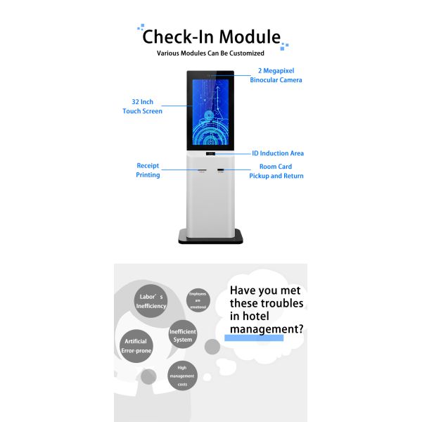 32 Inch Hotel Self Service Check in Kiosk with Room Card Dispenser Passport Scanner Touch Screen Check-Out Terminal OEM